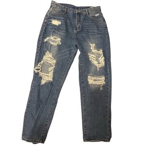 SHEIN Distressed Holes Ripped Denim Blue Mom Jeans